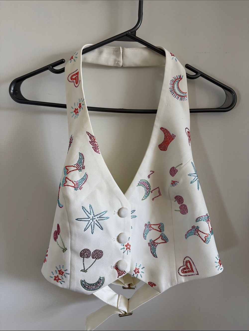 Nasty Gal White Embroidered Halter Vest Top US size 4 bedazzled
